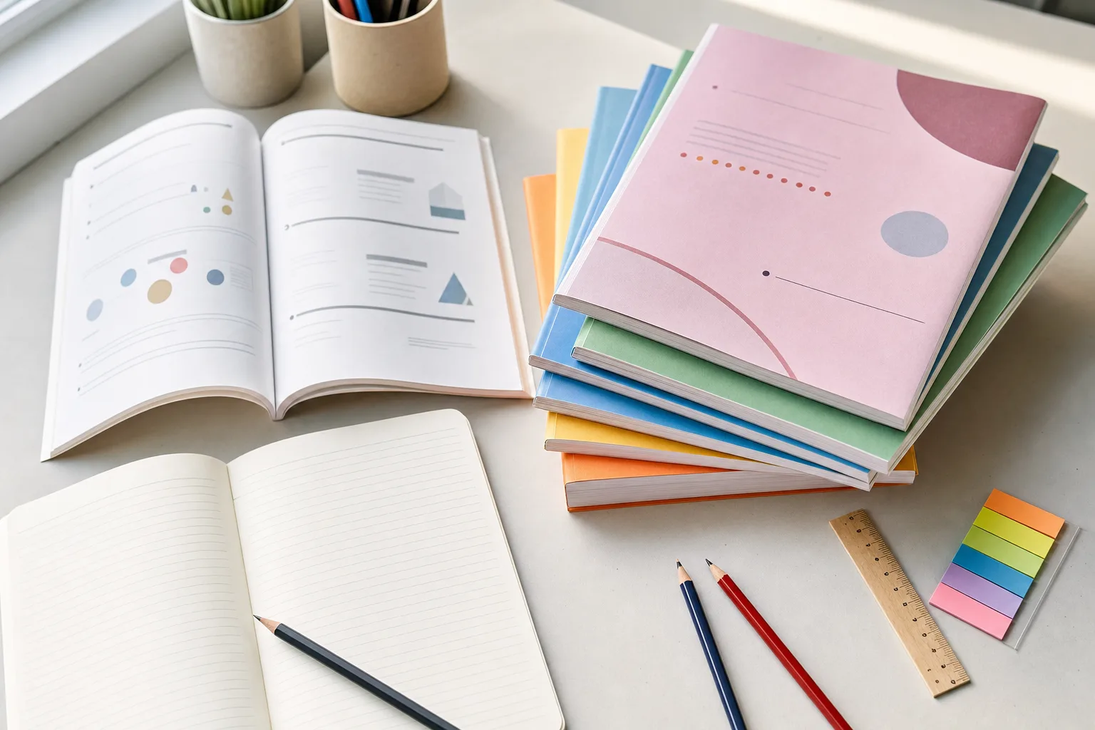 Assessment books, a notebook and pencils on a study table