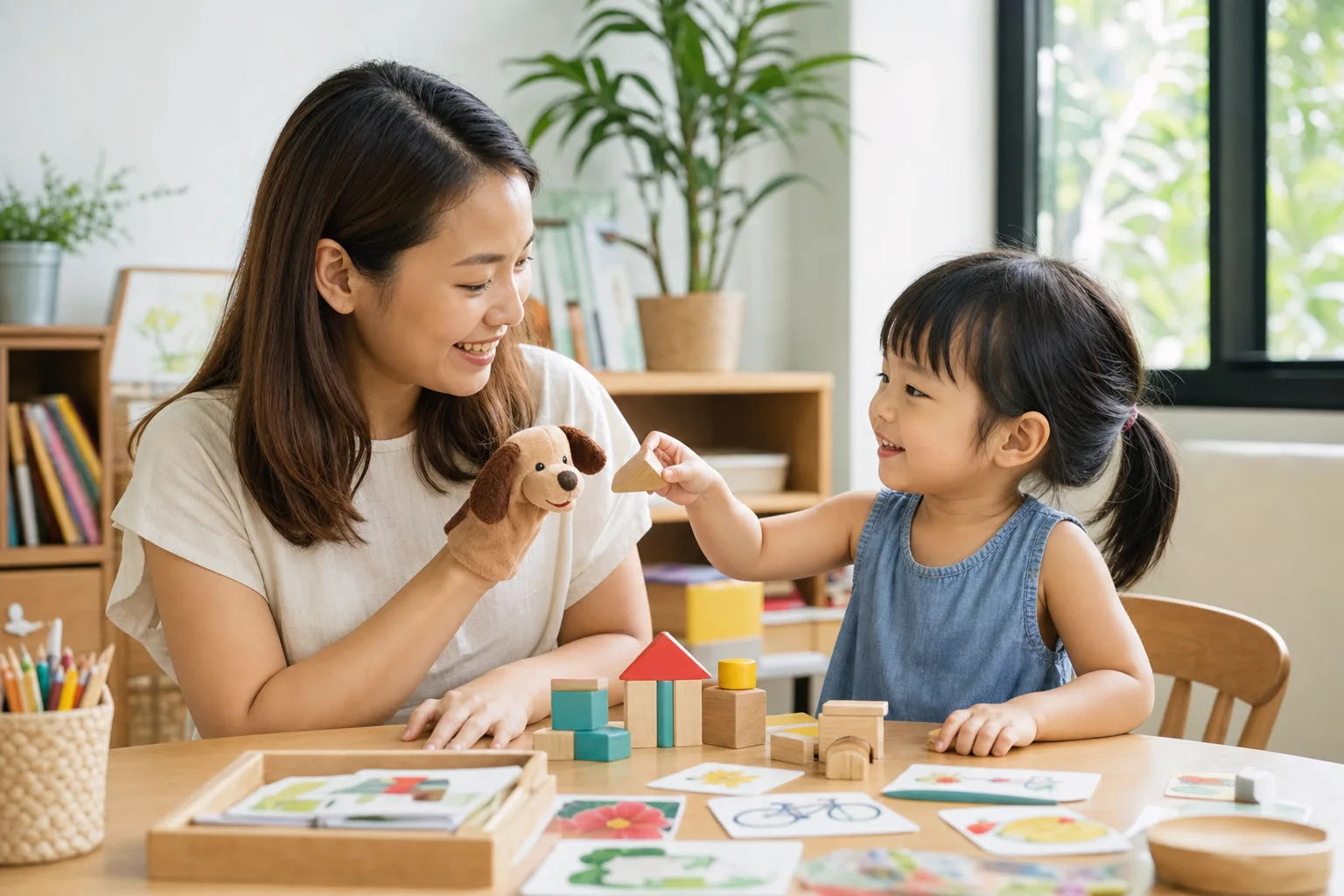 A child and caregiver learning through play at a low table